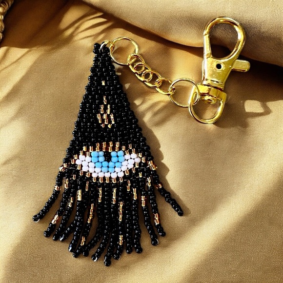 Evil Eye Bag Charm with Hand Beaded Glass Seed Beads and Gold Toned Clasp - Picture 11 of 17